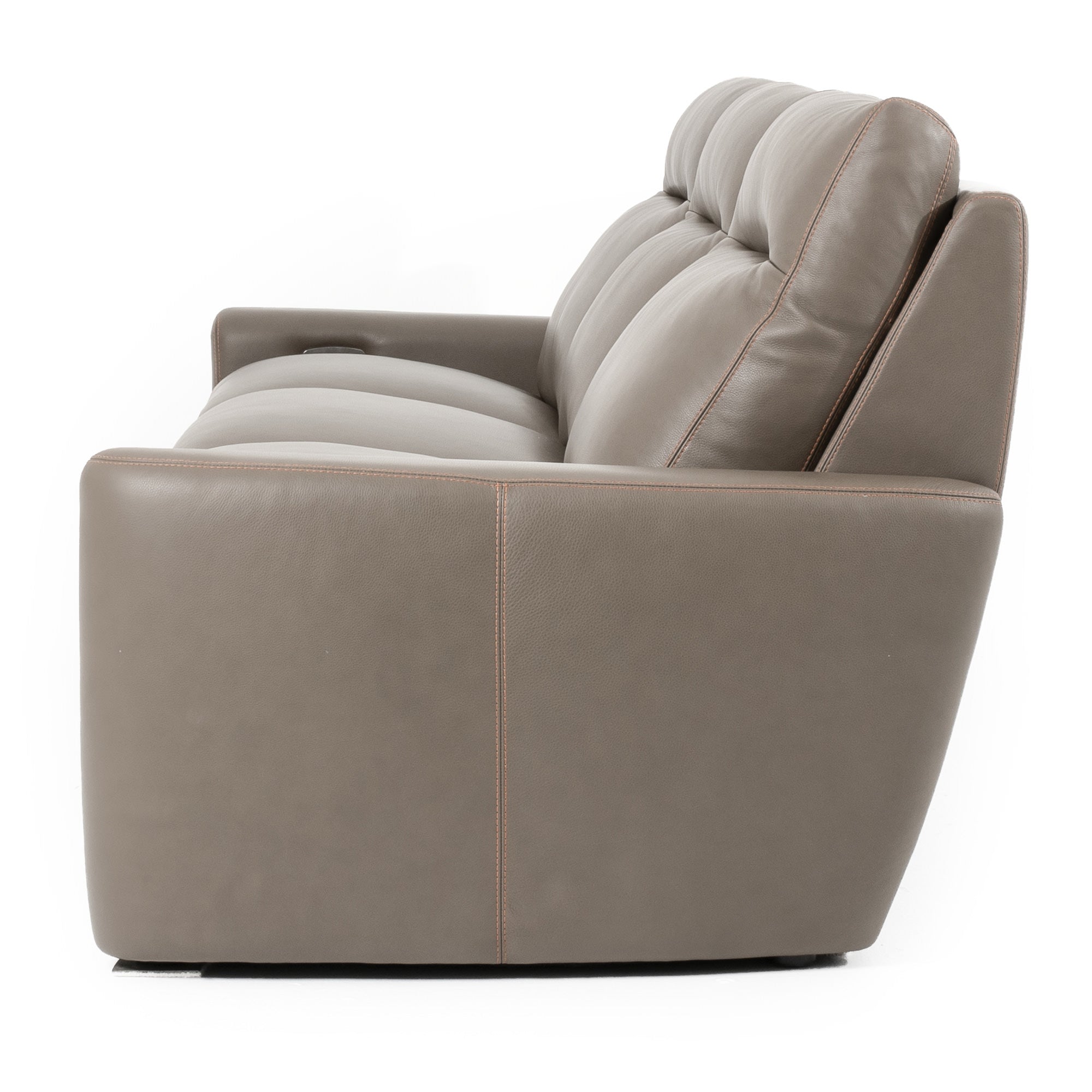 american leather three seat power sofa side angle showing contrast stitching and gentile back curve