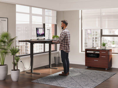 BDI Sequel Lift Desk Chocolate stained walnut shown wiht multifunction cabinet GALLERY