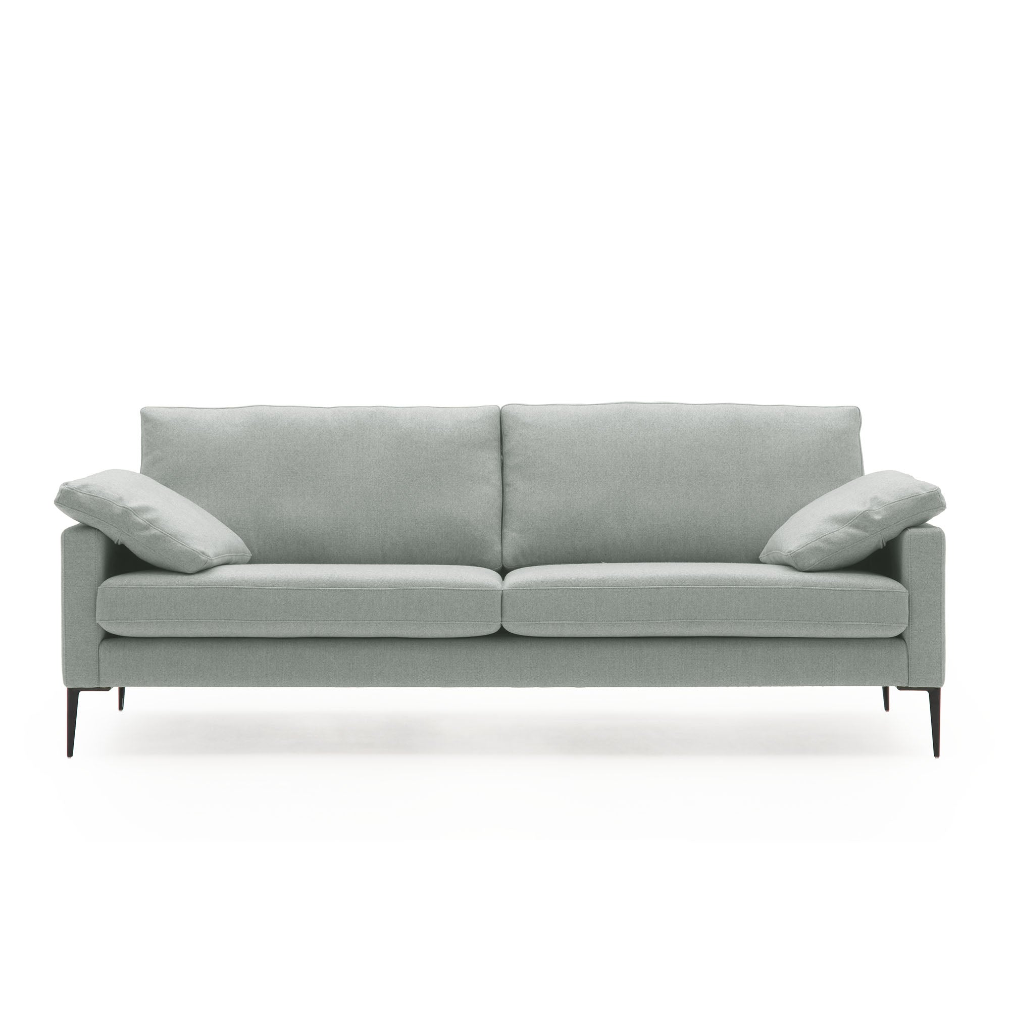 Gray sofa with two cushions on a white background