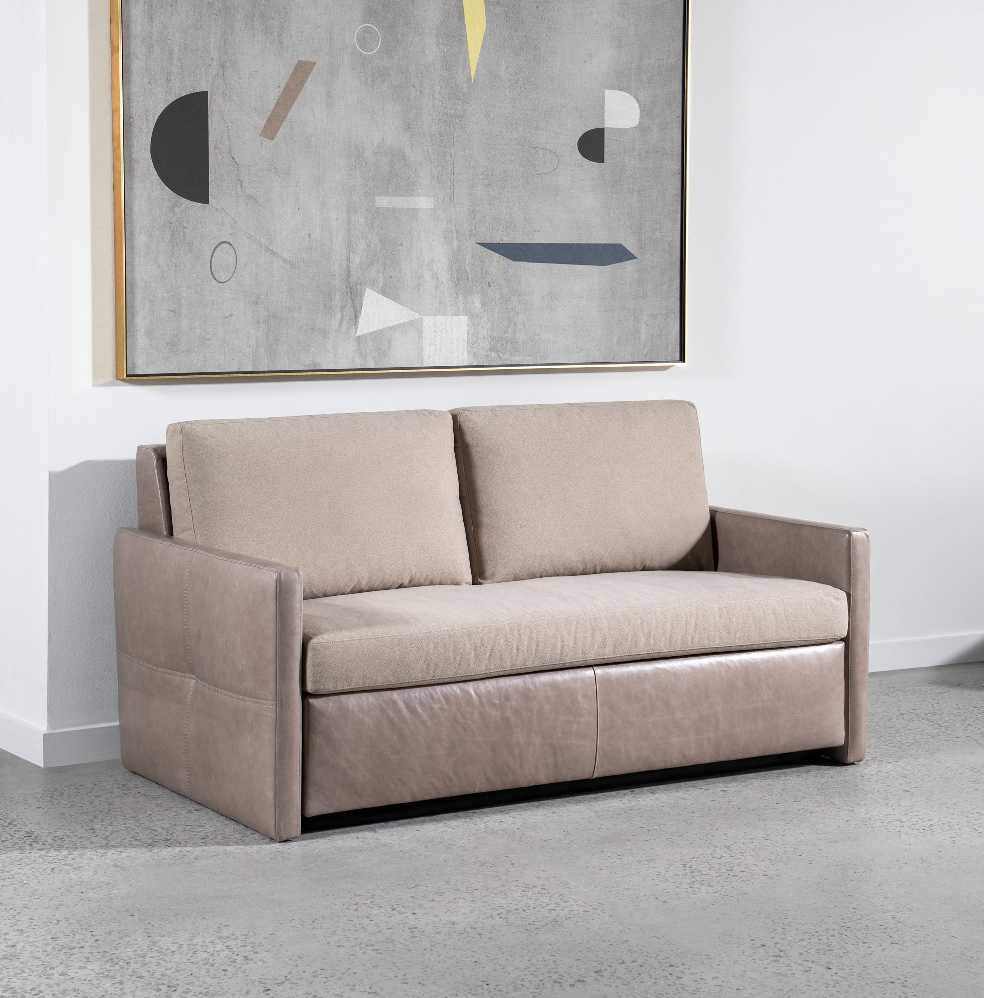 Two seat full-sized pull out sofa sleeper American Leather Bentley Comfort Sleeper in leather and fabric cushions