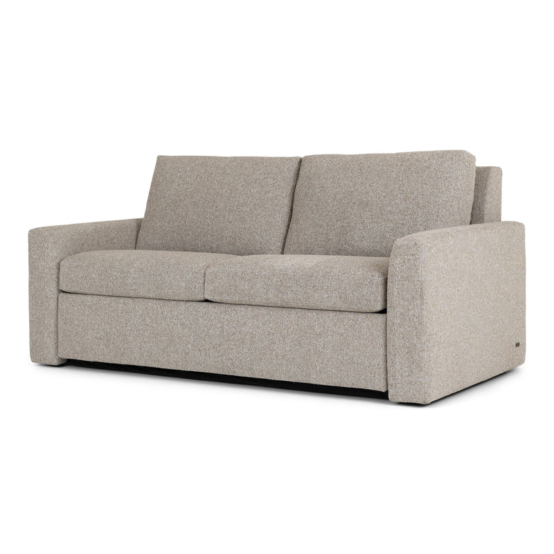 American Leather Clara Comfort Sleeper loveseat sofa size in beige fabric facing angled showing arm detail