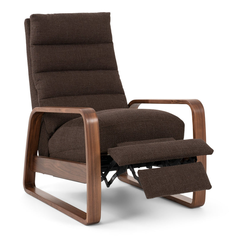 espresso fabric chair with solid walnut arms partially reclined