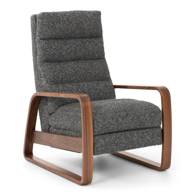 Grey recliner with natural walnut arms not reclined
