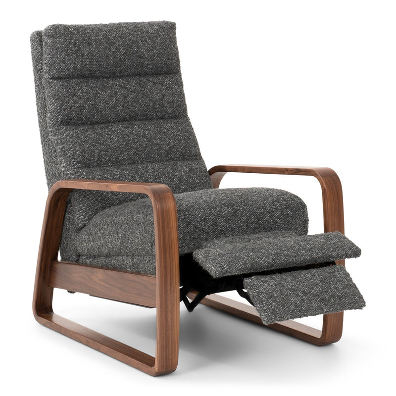 Grey recliner with natural walnut arms reclined