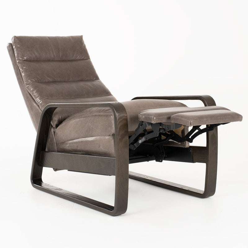 leather pillowed chair with brown stained arms half reclined