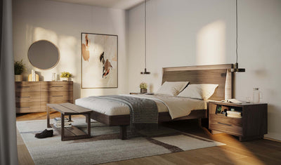 Bedroom with bed, bench, nightstands, mirror and 6-drawer dresser in natural walnut GALLERY