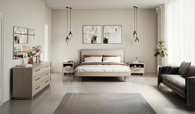 King sized bed in washed oak with narrow and wide option nightstands and double-wide dresser GALLERY
