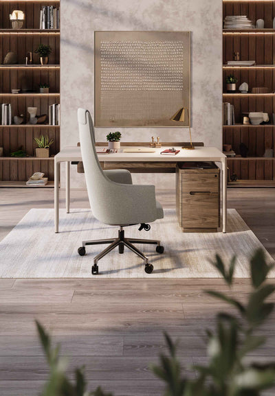 Bolo chair in fabric with Dune walnut four-legged Luma height adjustable desk GALLERY