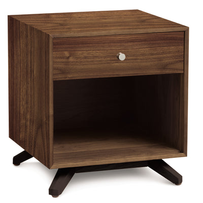 Copeland Astrid One Drawer Night Stand in Natural Walnut Lacquered Finish with Dark Chocolate solid maple legs