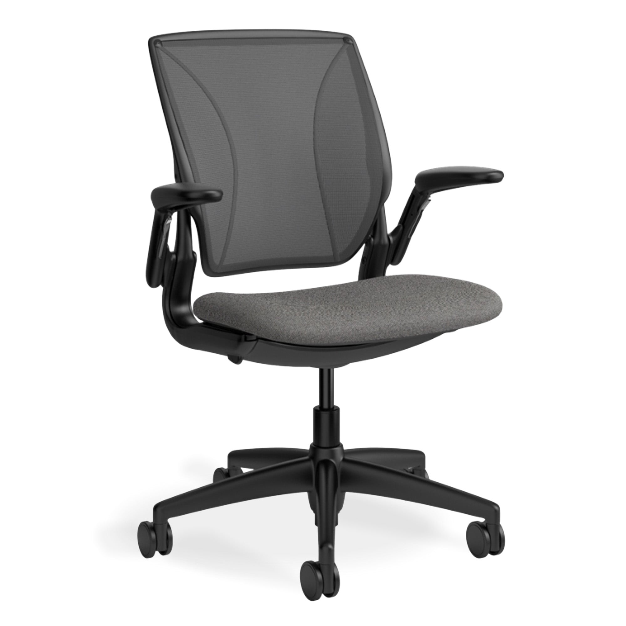 Task office chair with grey fabric and mesh back on white background