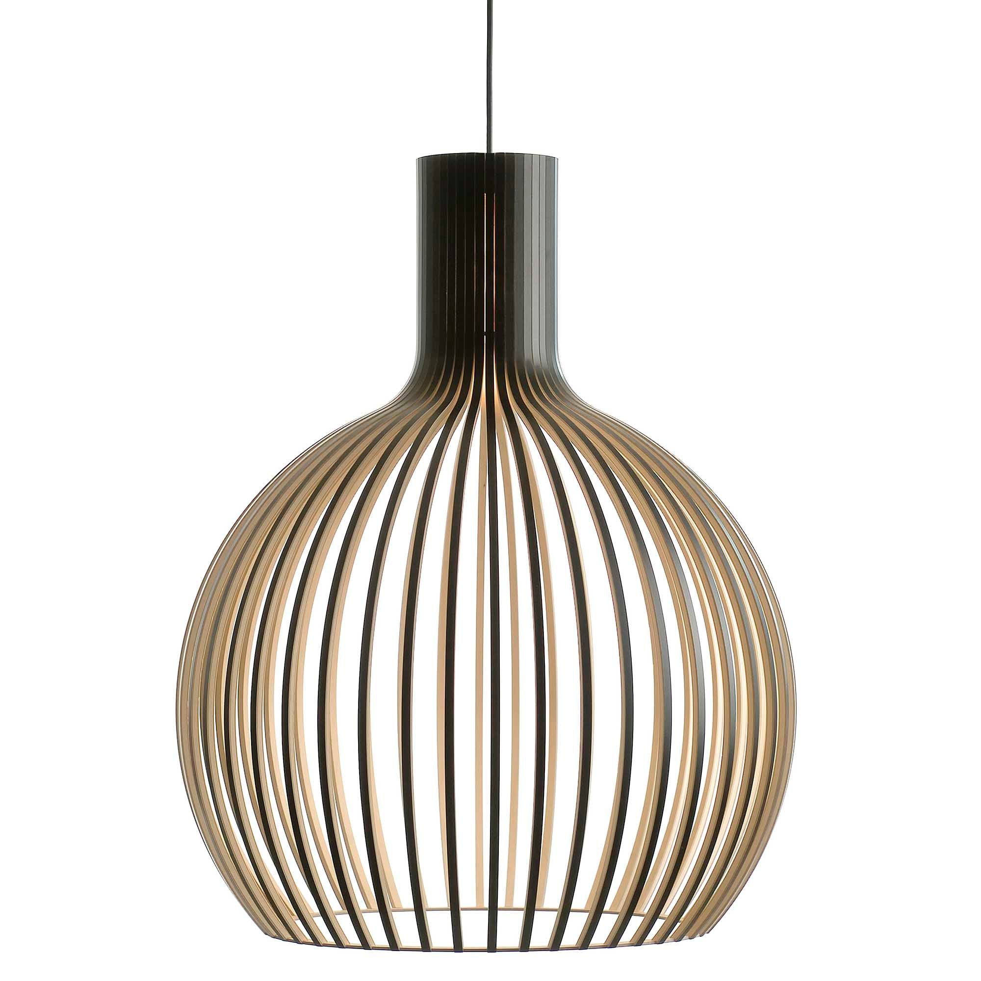 Black laminate slatted pendant light on white background