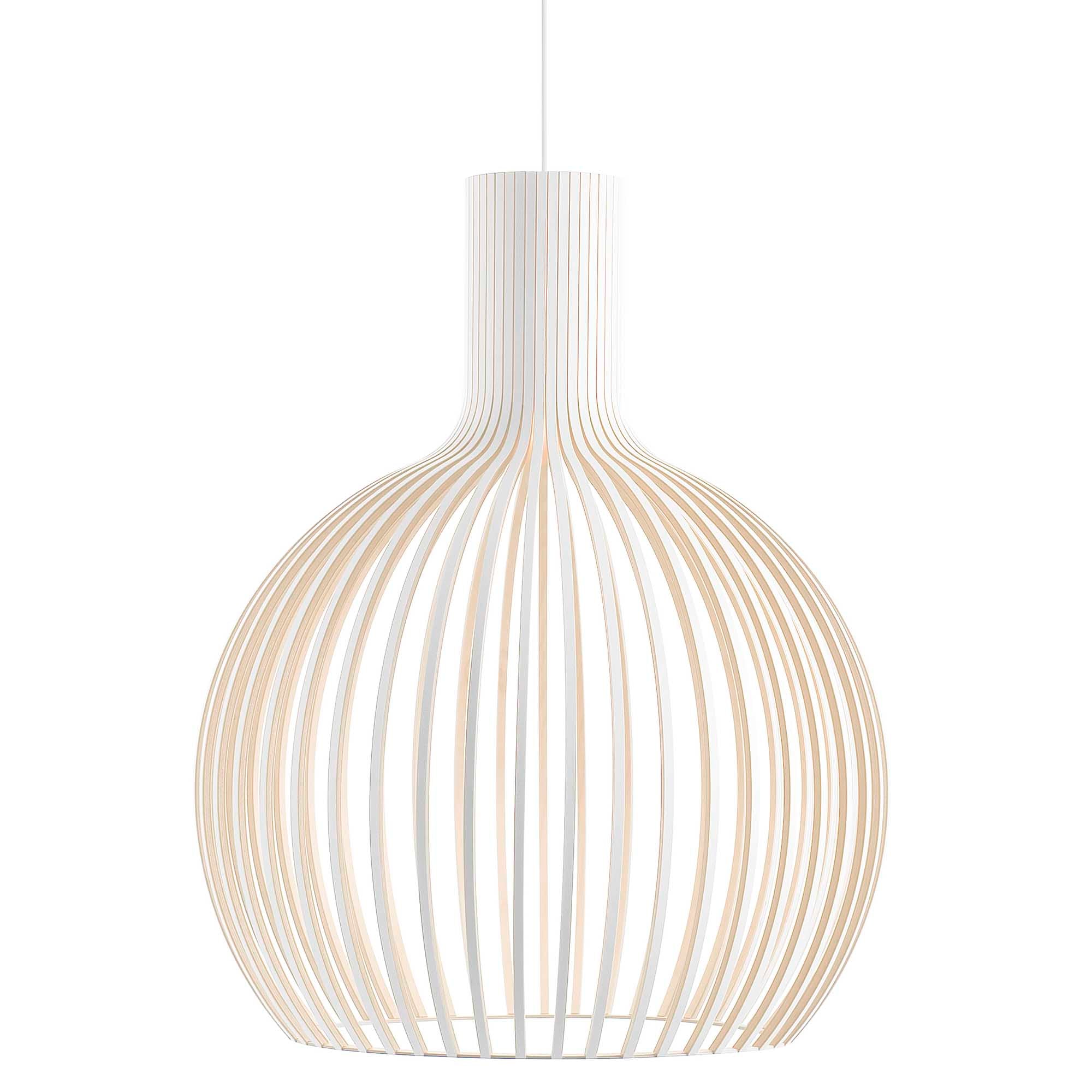 White laminate slatted pendant light on white background