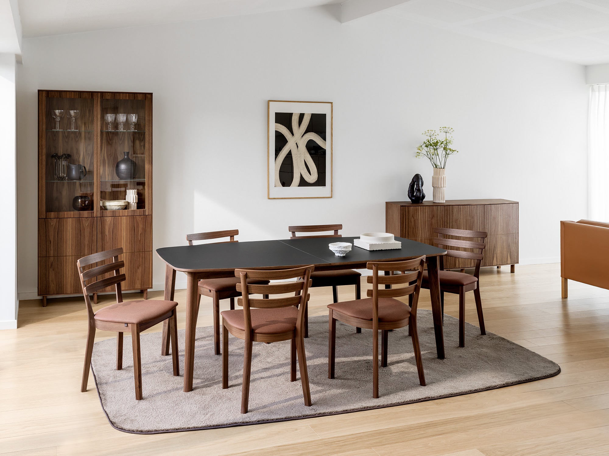 Walnut oil dining featuring models SM 119, 46, 410, and 413 sideboard