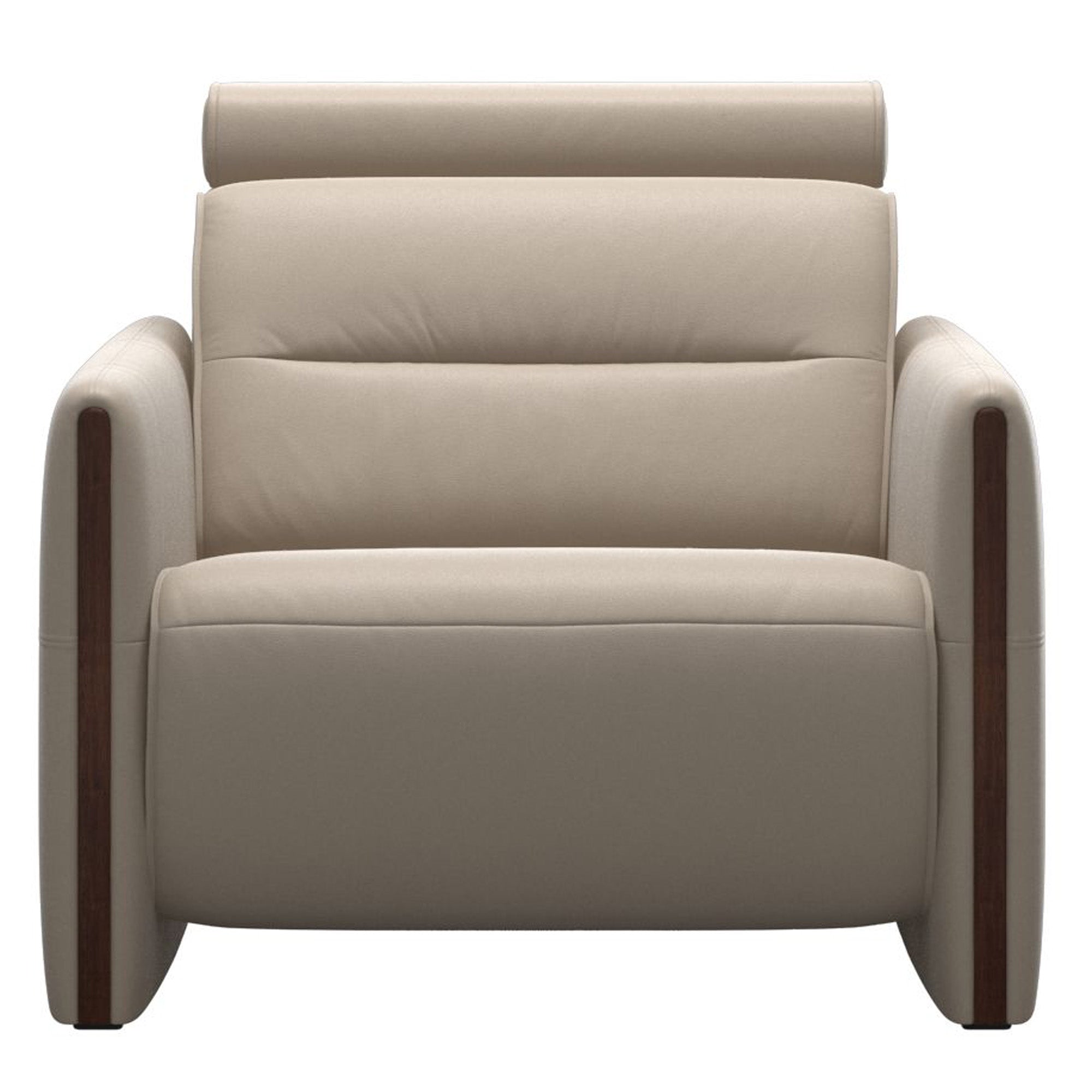 Stressless Emily power recliner chair with wood arms featuring ergonomic comfort technology and plush leather upholstery.