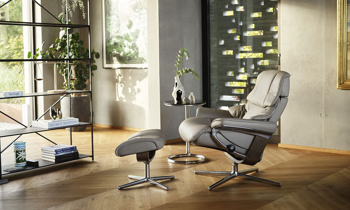 Stressless Reno Large Recliner & Ottoman - Signature - Paloma Silver Grey - In Stock