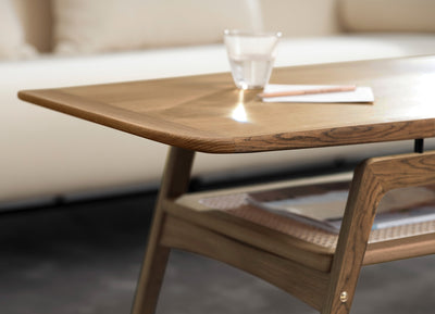 Edge Detail of Surfboard Coffee Table with Shelf in Smoked Oak GALLERY