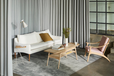 Surboard Coffee Table in White Oak with Mr Olsen Loveseat and Lean Back Lounge Chair GALLERY