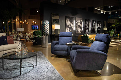American Leather Comfort Recliner Gordon High Point Market Lifestyle Image Blue Fabric GALLERY