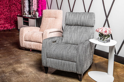American Leather Demi Recliner with Gray Railroad fabric with flowers ad color GALLERY