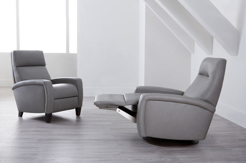 American Leather Demi and Dexter in Bison Gray Leather white environment with gray floors GALLERY