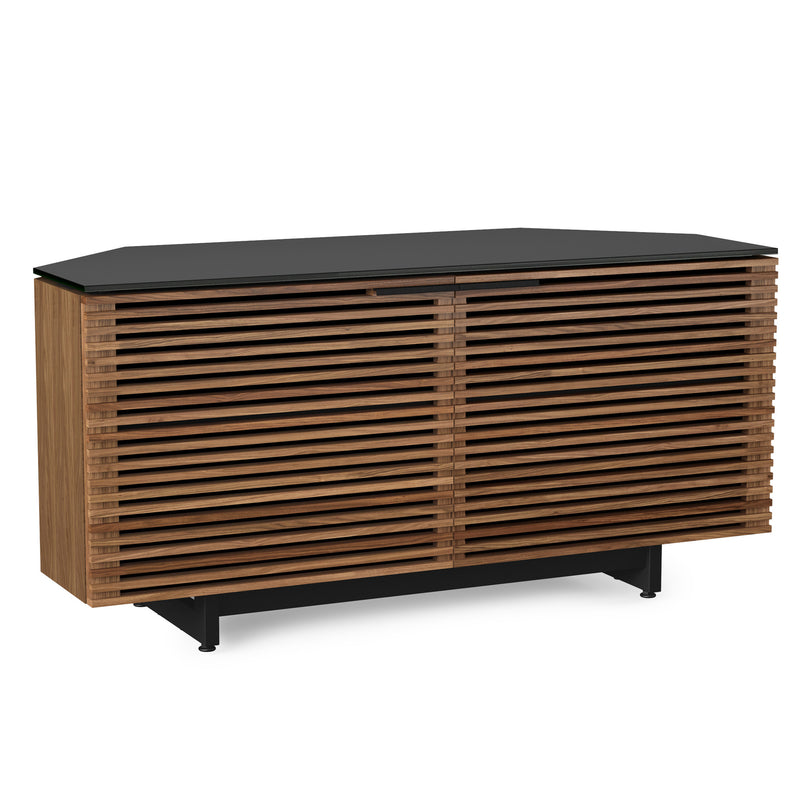 BDI Corrisor Corner TV Cabinet in natural walnut with horizontal slatted natural walnut doors