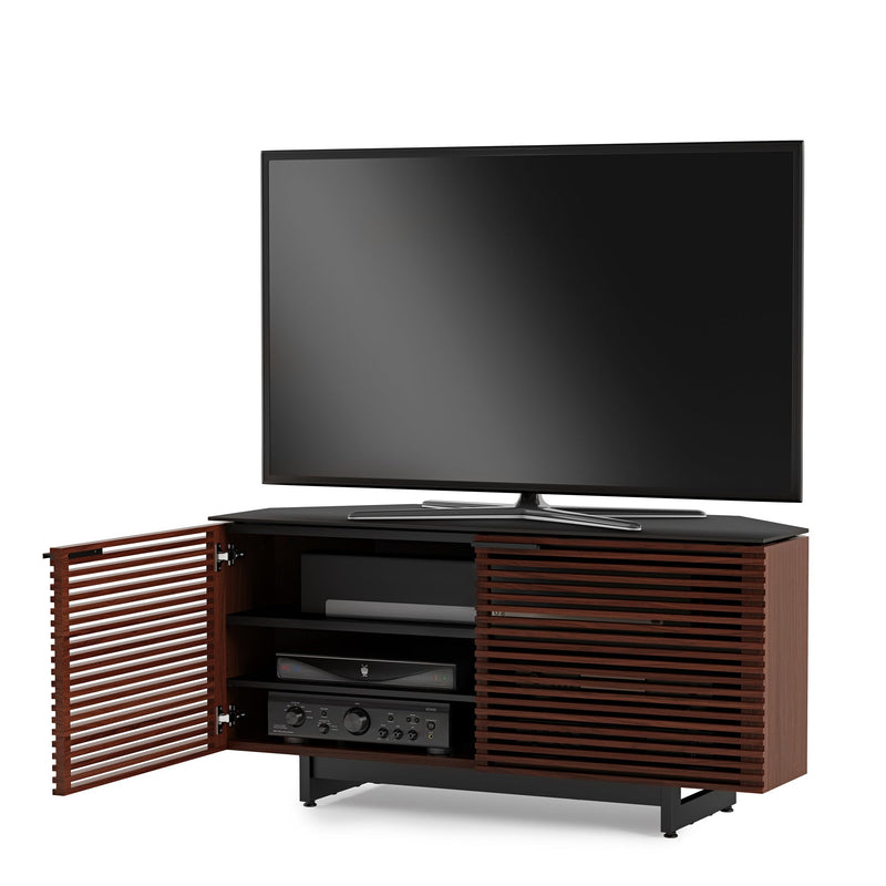 BDI corridor in chocolate walnut with door open  showing sound bar and audio receiver with television on top GALLERY