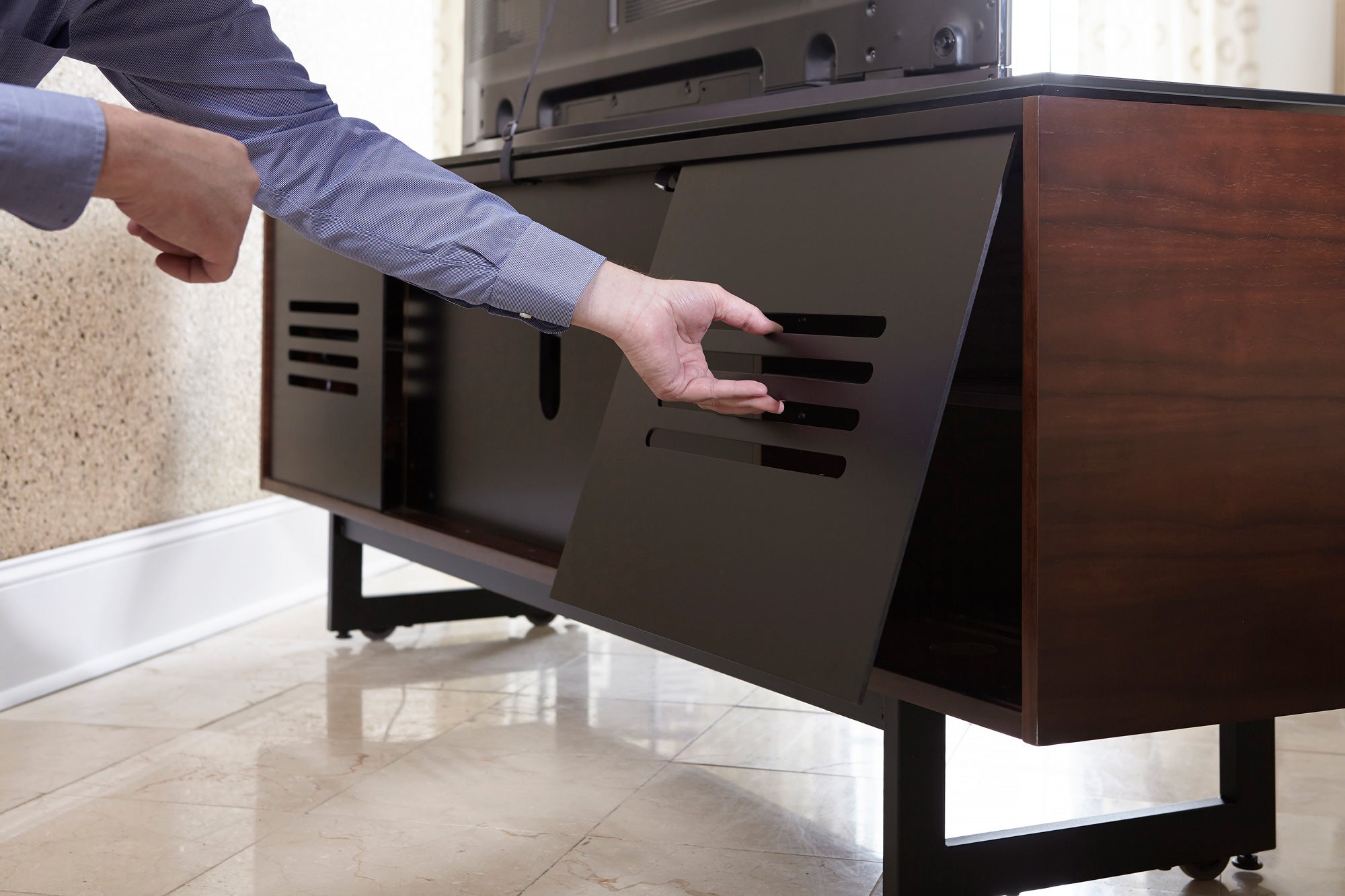 Showing a removeable back panel for easy access to wiring