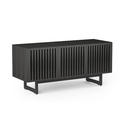 Elements Media Console 8777 Angled to show front and side profiles in charcoal stained finish