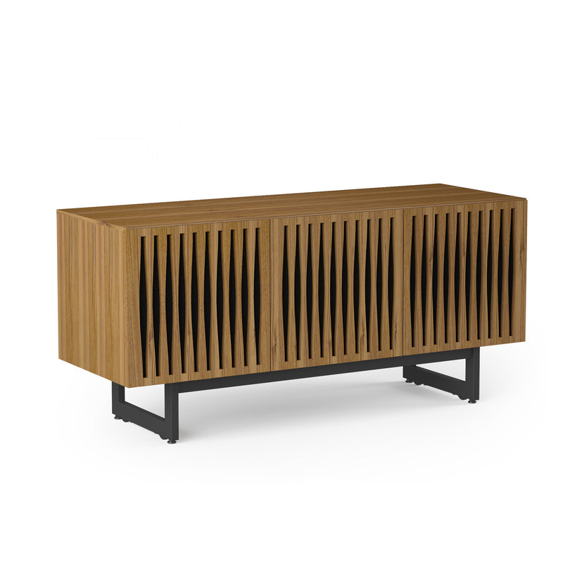Elements Media Console 8777 Angled to show front and side profiles in natural walnut