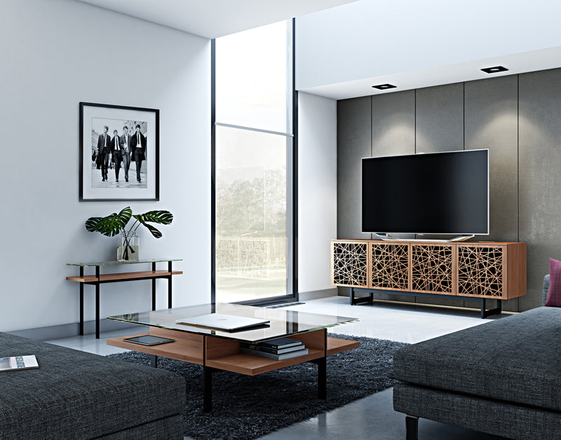 BDI Elements 8779 Console Ricochet naturla walnut in contempoary living room wiht white walls GALLERY