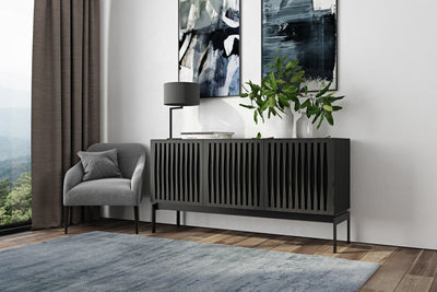 BDI ELlements Storage Console Charcoal Grey in contempoary living space in grey tones GALLERY