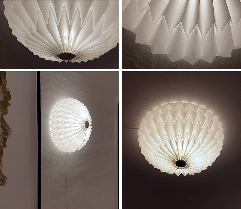 collage of Le Klint 33-45 ceiling light white plastic shown as a wall  fixture and ceiling light wiht a coupld of cloase ups showing the finer detail of the shaede folds
