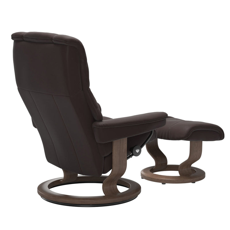 Stressless Mayfair chocolate brown recliner with ottoman back view