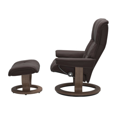 Stressless Mayfair chocolate brown recliner with ottoman side view