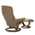 Mayfair recliner with ottoman in paloma sand and teak base viewed from the back