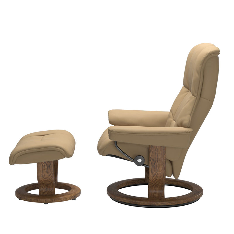 Mayfair recliner with ottoman in paloma sand and teak base side view
