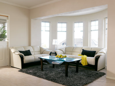 Stressless Loveseat and Sofa in Light Grey with Black Trim with Windsor Table