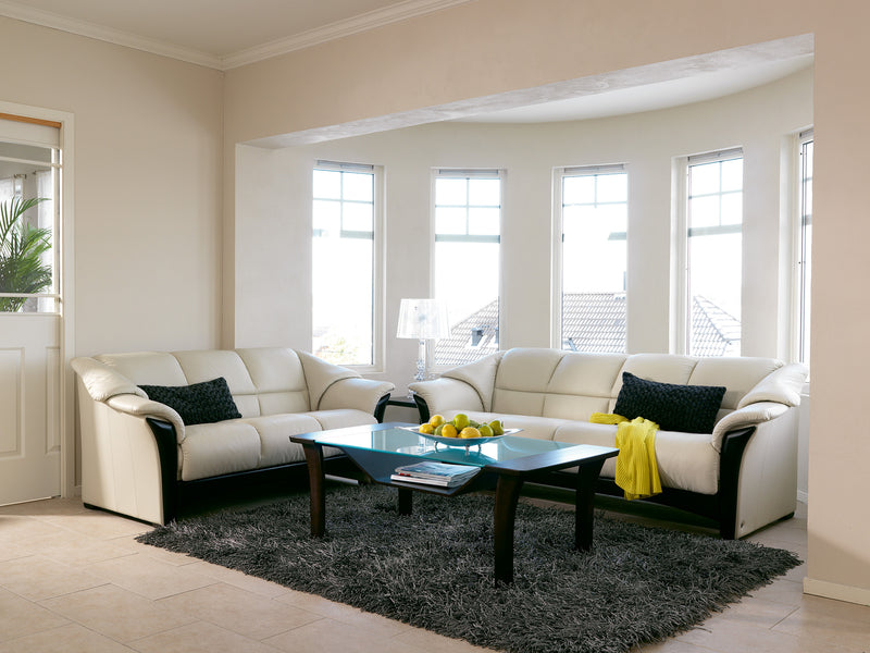 Stressless Loveseat and Sofa in Light Grey with Black Trim with Windsor Table