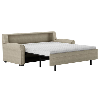 American Leather Gaines Comfort Sleeper beige fabric opened showing HiPerform mattress