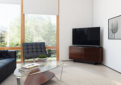 BDI corridor corner tv unit in living room with white walls and a soft pleasant design GALLERY