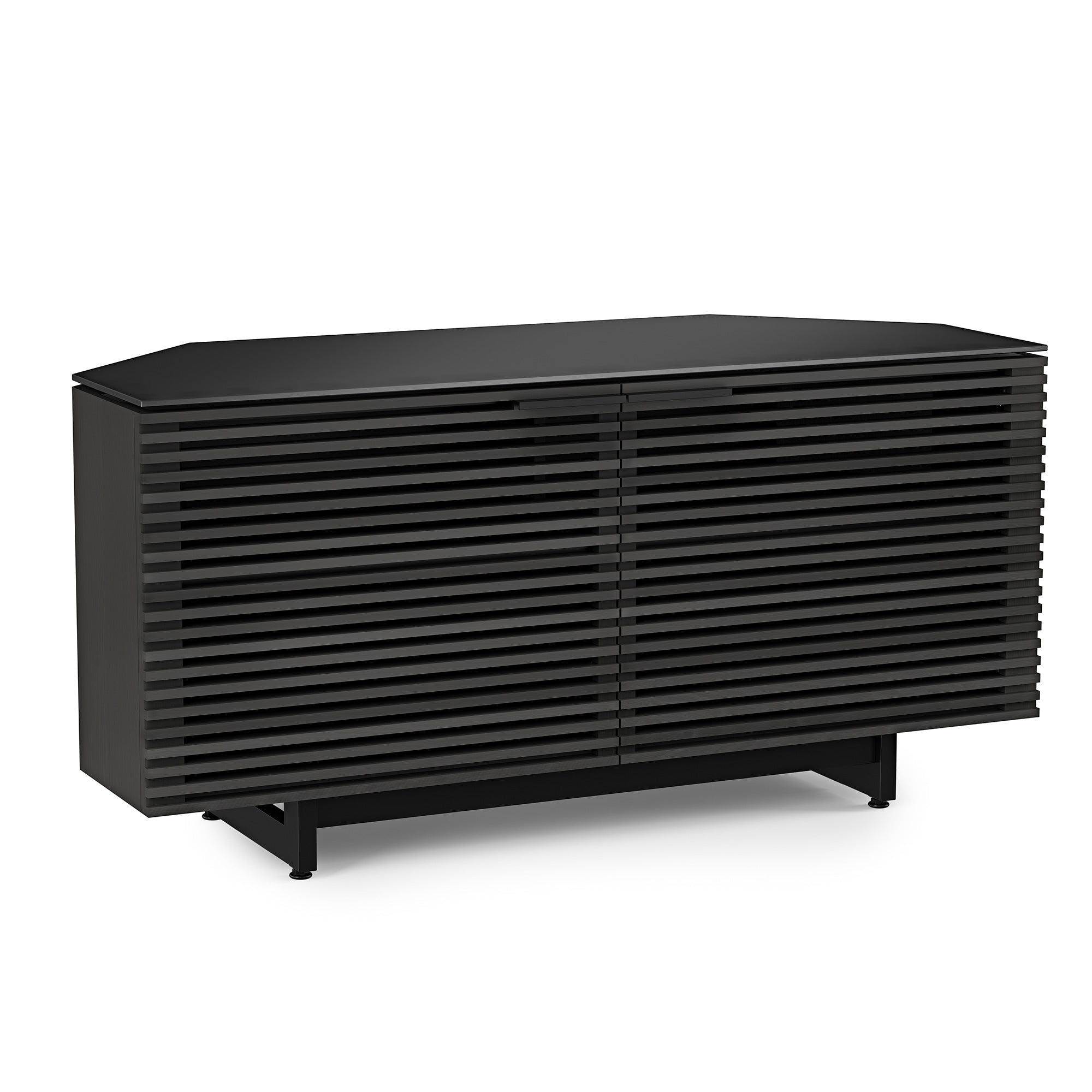 BDI Corrisor Corner TV Cabinet in natural walnut with horizontal slatted charcoal stained ash doors