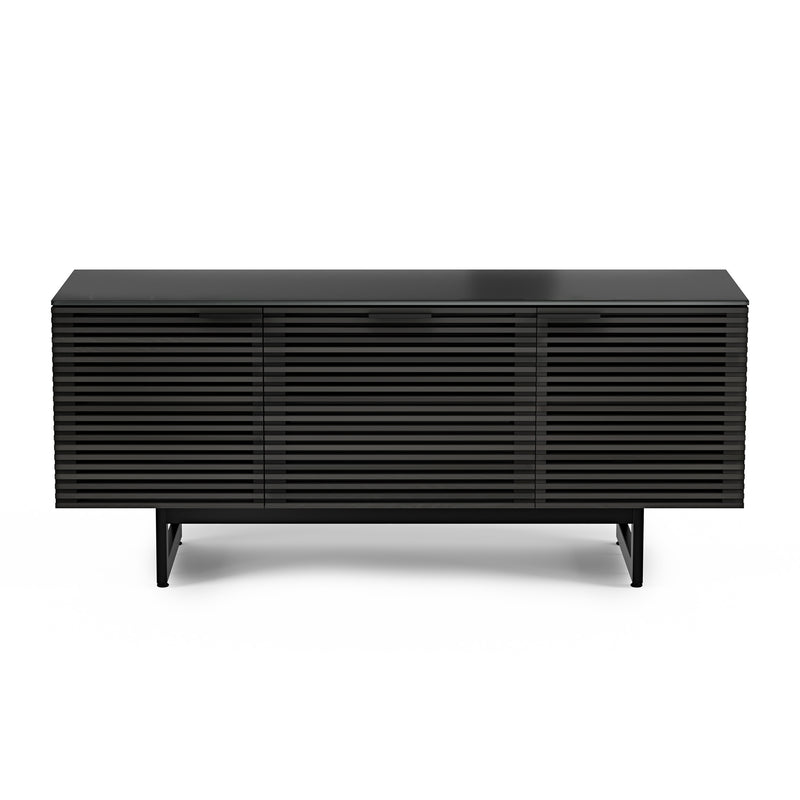 BDI Corridor TV and media unit in charcoal stained ash with slatted doors on white background