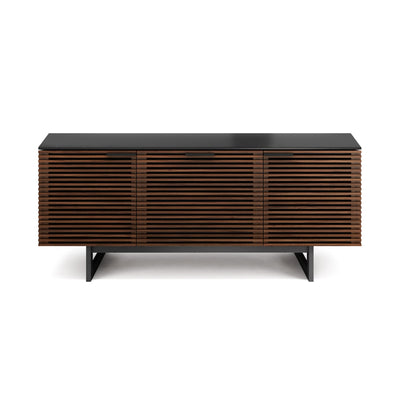 BDI Corridor TV and media unit in chocolate stained walnut with slatted doors on white background