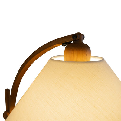 Domus Licht teak floor lamp with arcing lighting on highlighting shade detail GALLERYGALLERY