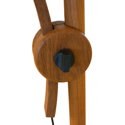 Domus Licht teak floor lamp with arcing lighting detailing tension knob to adjust arc GALLERY