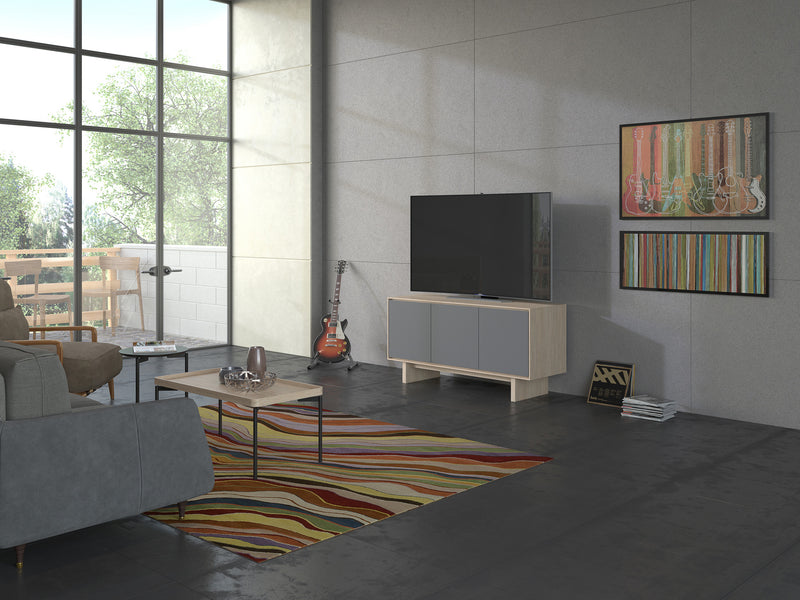 BDI Octave 8377 Media Cabinet Drift Oak contempoary living rooom with tall windows GALLERY