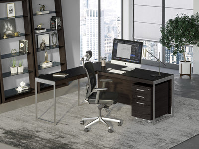 BDI Sequel Return 6112 and 6101 Desk in Charcoal Grey Satin and Eileen Bookcase GALLERY