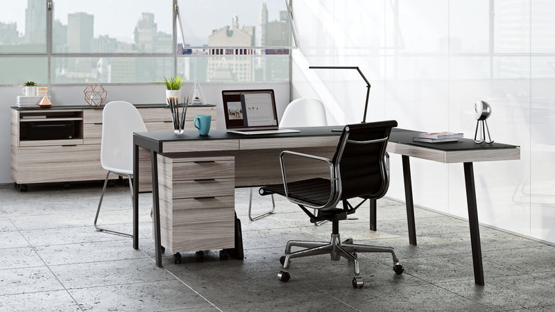 BDI Sigma 6901 desk wiht return desk and Sigma storage cabinets in contempoary office GALLERY
