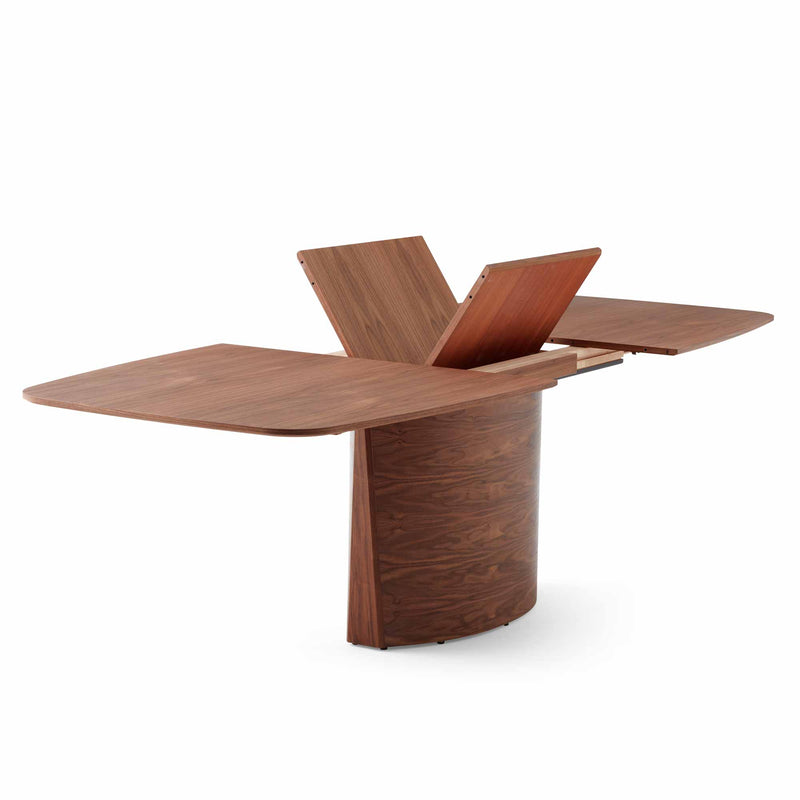 skovby sm 116 dining table walnut opened with leaf system protruding from the base