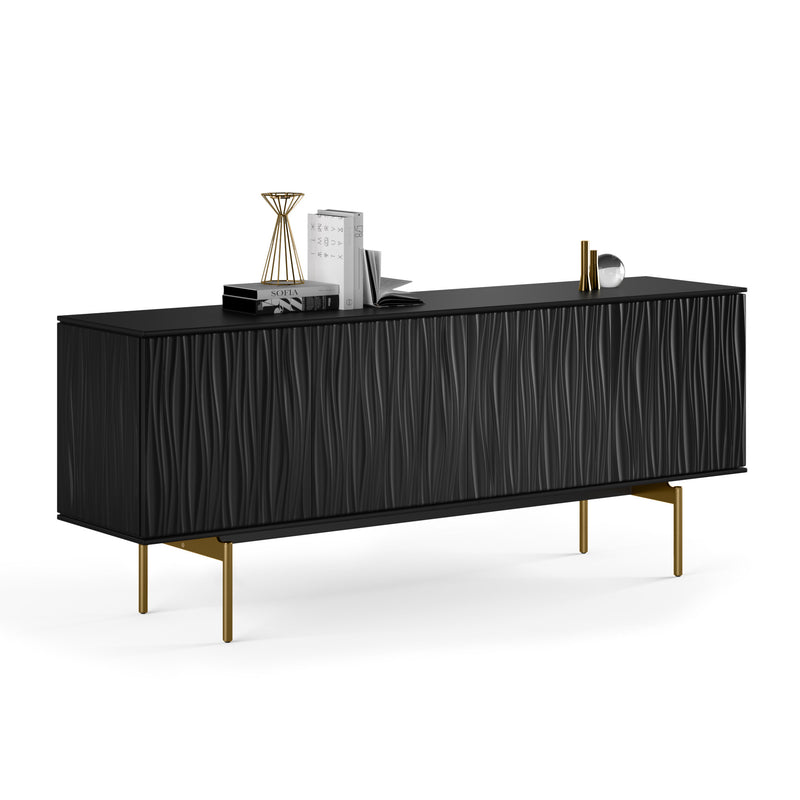 BDI Tanami 7109 Black with Brass legs Storage console front angle view wiht accessories on top 